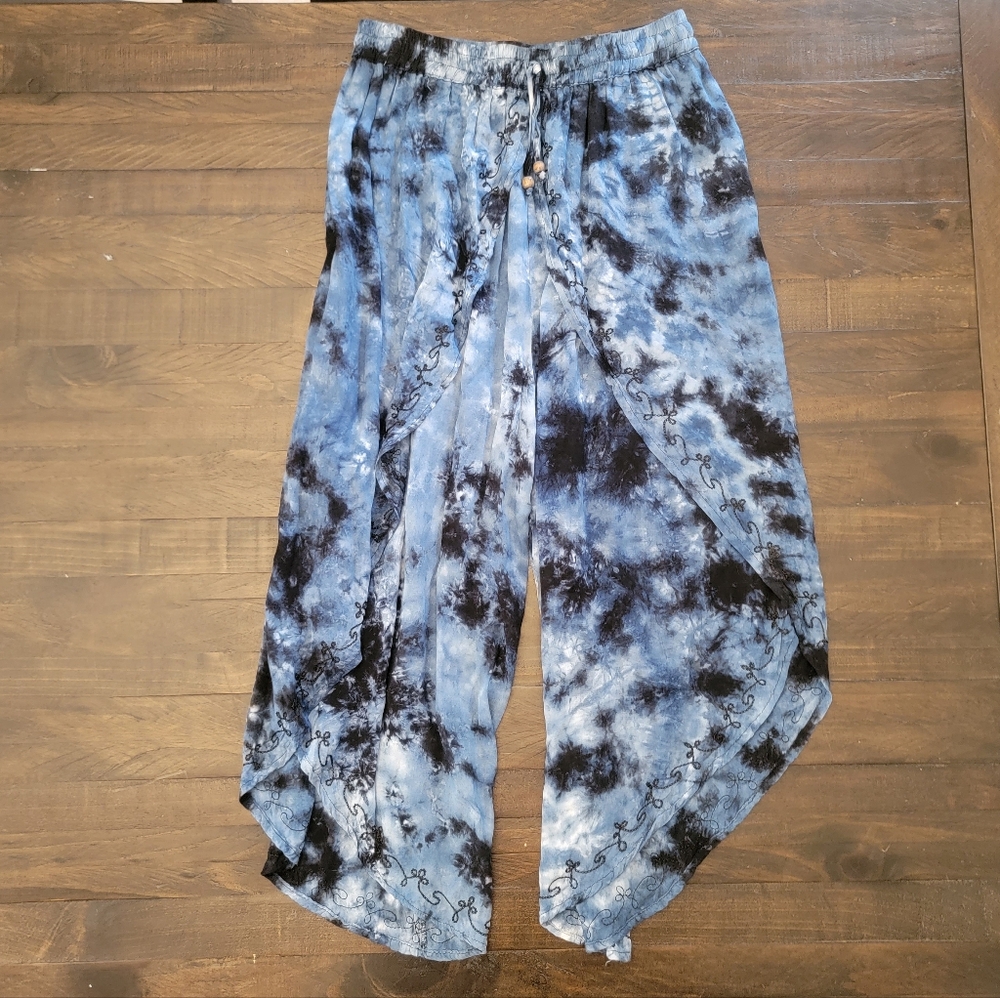 Flowy Tie Die Bohemian pants with Beaded Waist Tie